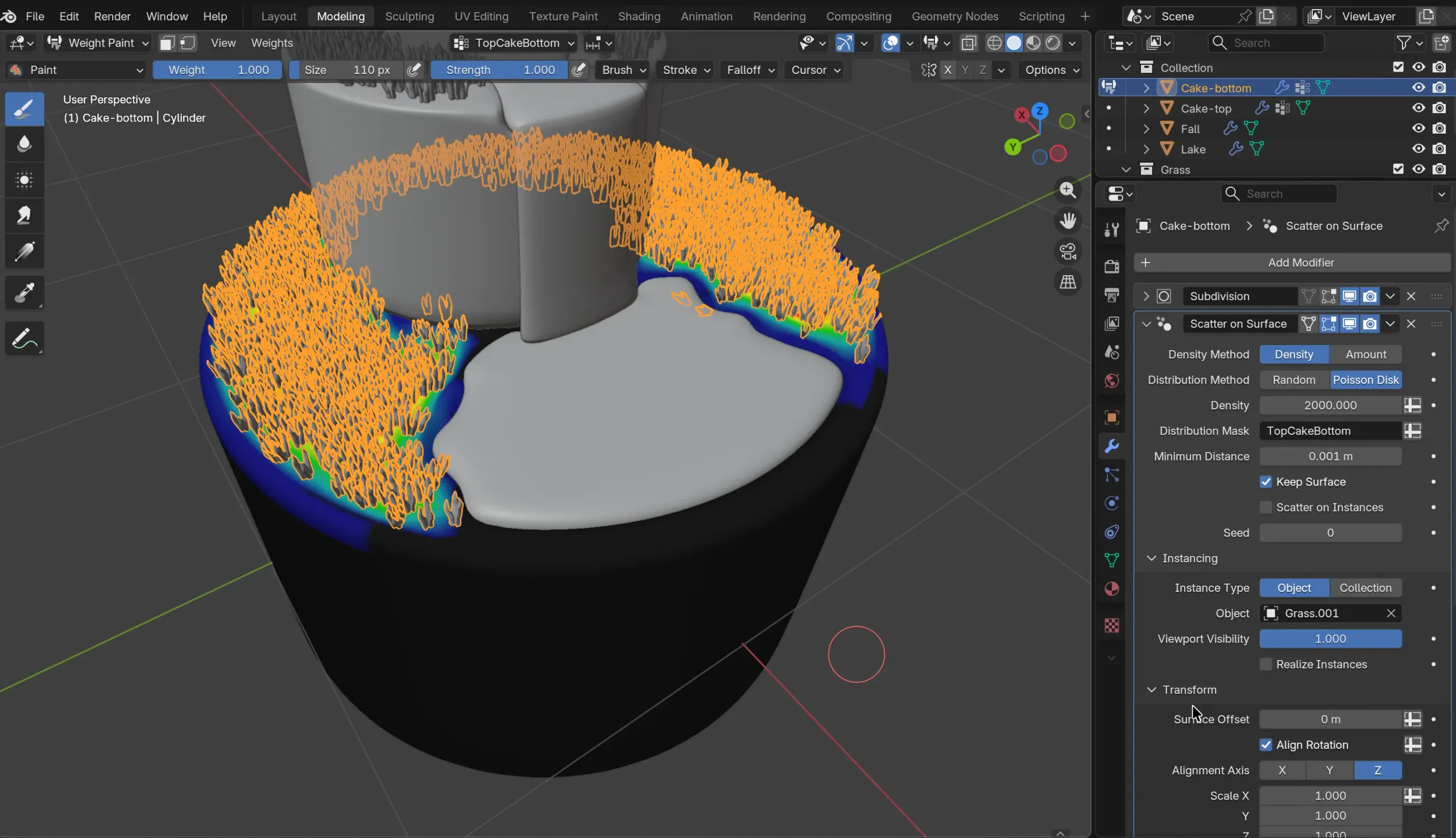 Weight paint used to define the areas where the grass appears